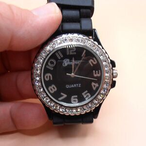 Geneva Analog Wristwatch Silver Tone w/ Rhinestones Black Rubber Buckle Band